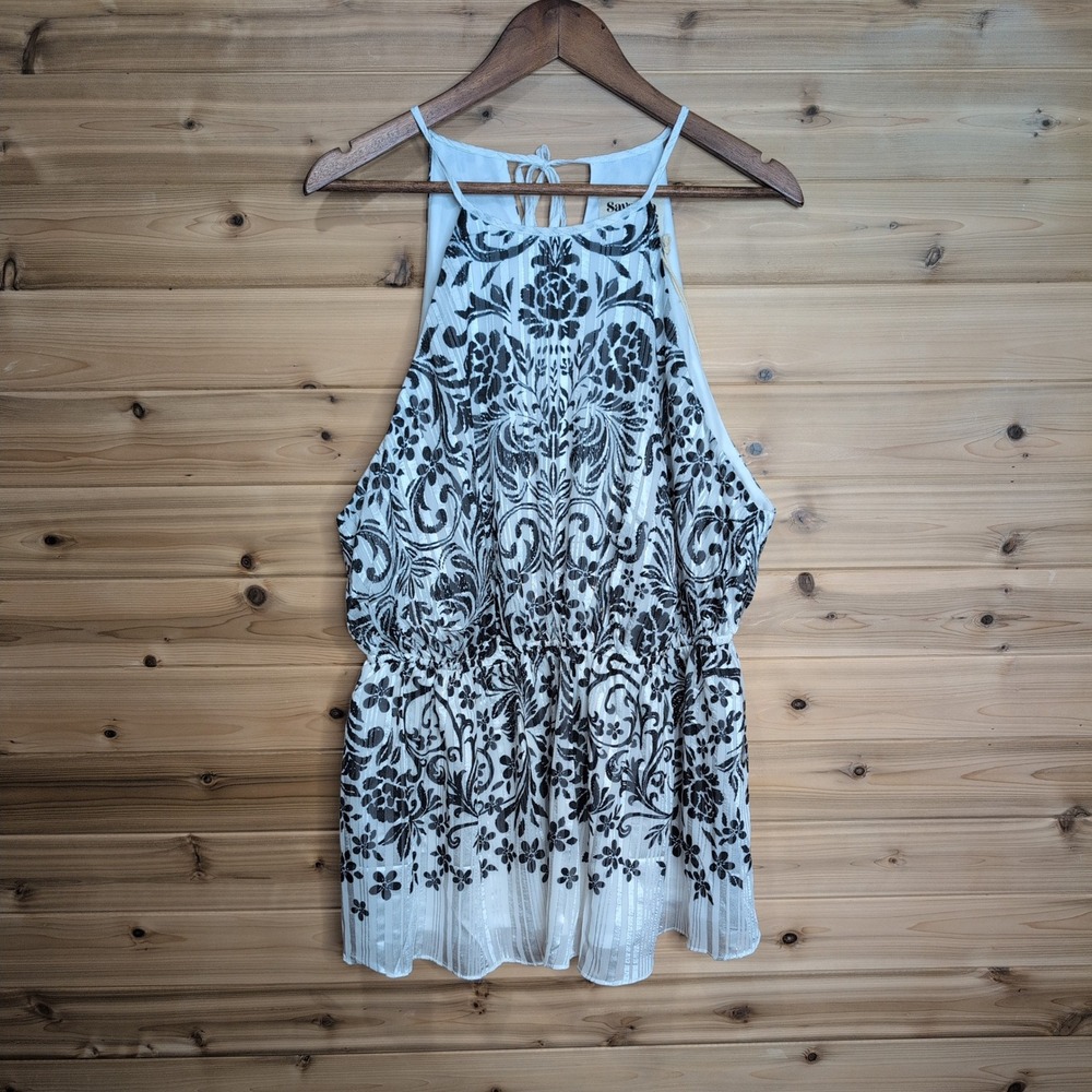 Savanna Jane Womens 1X Black White Floral Damask Metallic Halter Top New